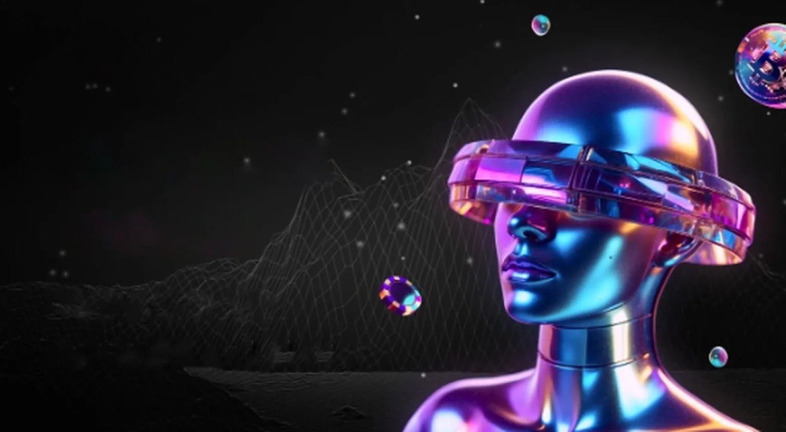 Chromen androïde met holografisch vizier, zwevende bitcoin-munt en casinofiches op een zwarte achtergrond